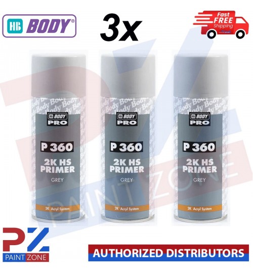 3x HB Body P360 2K HS Grey Primer Acrylic Car Filler Aerosol 400ml